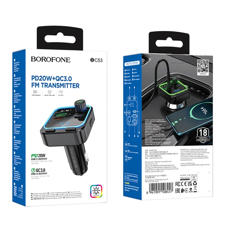 Borofone BC53 Highway PD20W & QC3.0 Car Bluetooth FM Transmitter(Black)