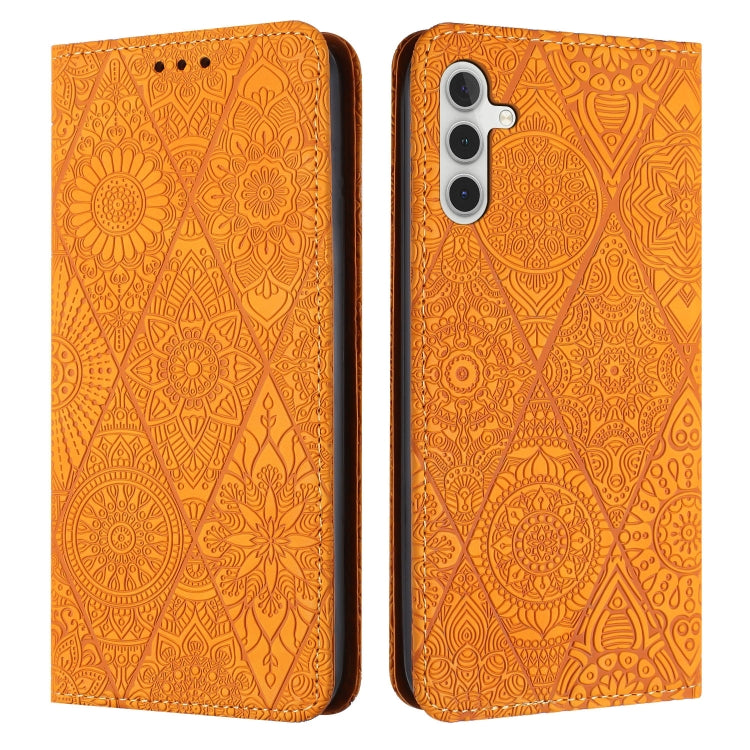 For Samsung Galaxy S25 5G Ethnic Embossed Adsorption Leather Phone Case(Yellow)
