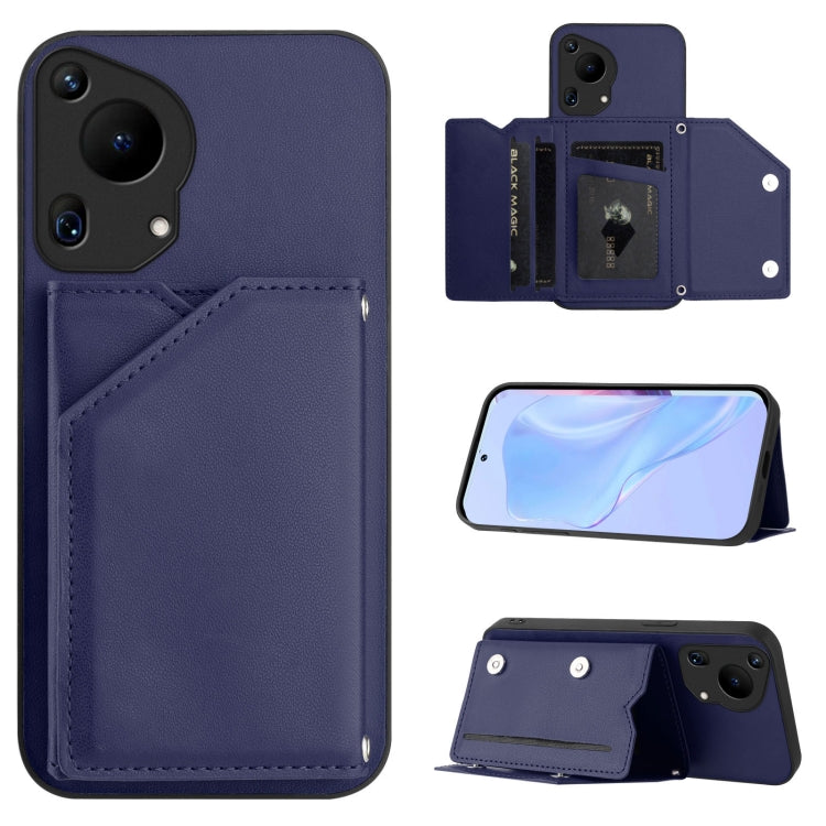 For Huawei Pura 70 Ultra Skin Feel Four Card Slots Phone Case with Wrist Strap(Blue)