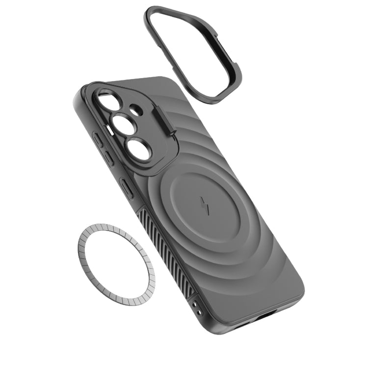 For Samsung Galaxy S25 5G Lens Frame Bracket Corrugated MagSafe Phone Case(Black)