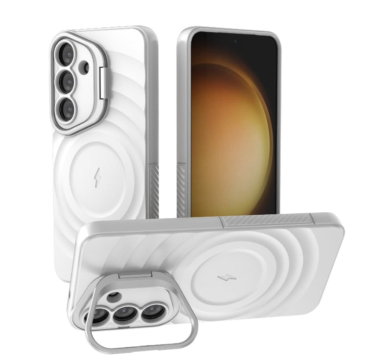 For Samsung Galaxy S25 5G Lens Frame Bracket Corrugated MagSafe Phone Case(White)