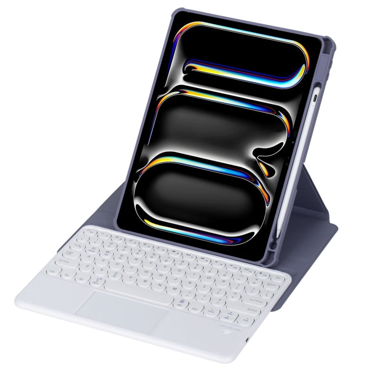 For iPad Pro 11 2024 YL13-A 360 Rotation Acrylic Transparent Round Keycap Bluetooth Keyboard Leather Case With Touch Control(Purple)