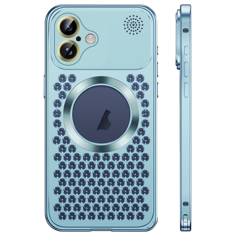 For iPhone 16 Spring Buckle MagSafe Magnetic Metal Aromatherapy Phone Case(Blue)