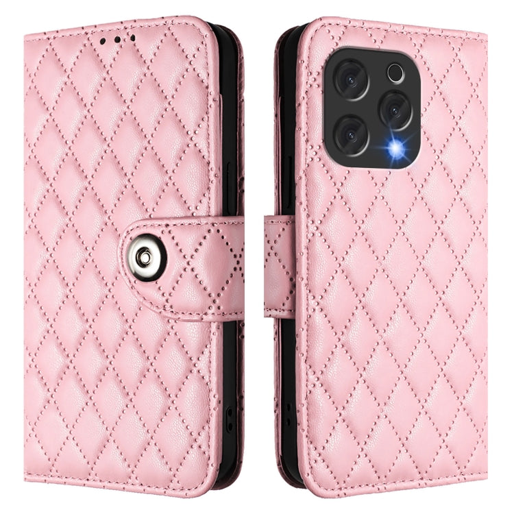 For Doogee N55 Plus Rhombic Texture Flip Leather Phone Case with Lanyard(Pink)