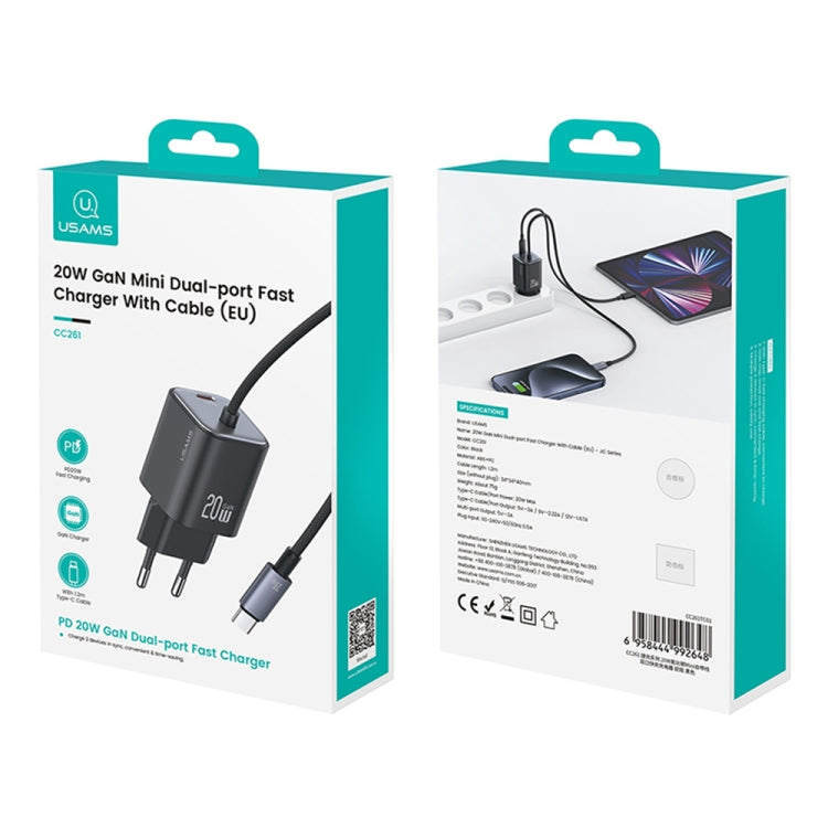 USAMS CC261 20W GaN Mini Type-C / USB-C Dual Port Fast Charger with Cable, EU Plug(Black) - USB Charger by USAMS | Online Shopping South Africa | PMC TechLife | Buy Now Pay Later Mobicred