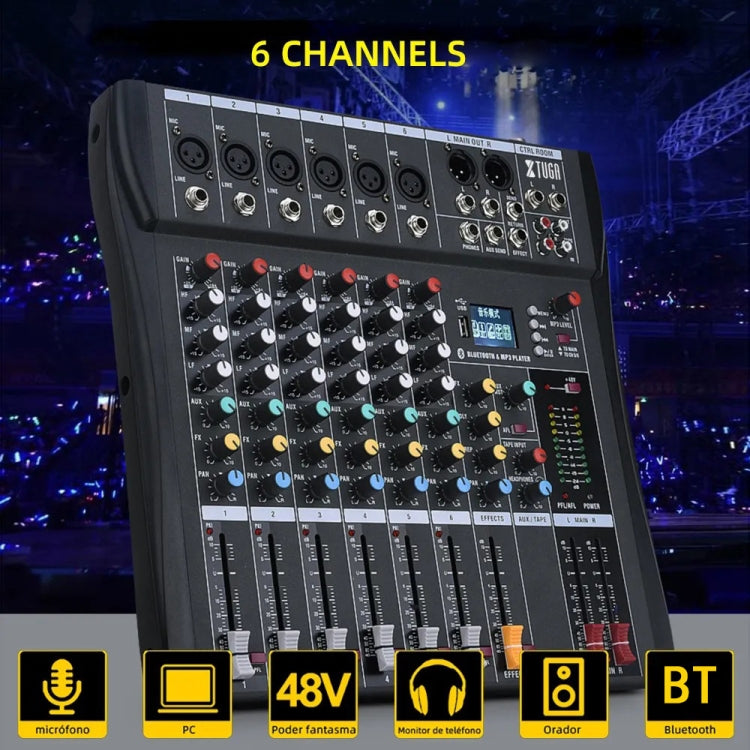 XTUGA CT60X 6-Channels Audio Mixer DJ Mixing Console with 48V Power Supply(EU Plug)