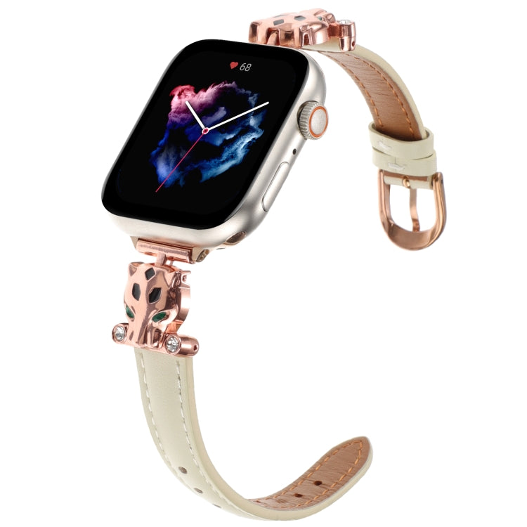 For Apple Watch 42mm / 41mm / 40mm / 38mm Leopard Head Genuine Leather Watch Band(White Rose Gold)