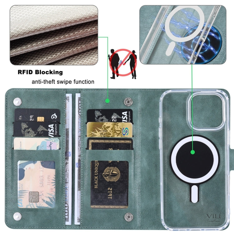 For iPhone 16 Pro Max ViLi GVS-C Series MagSafe Magnetic RFID Leather Flip Phone Case(Green) - free shipping - PMC Jewellery - Order now!