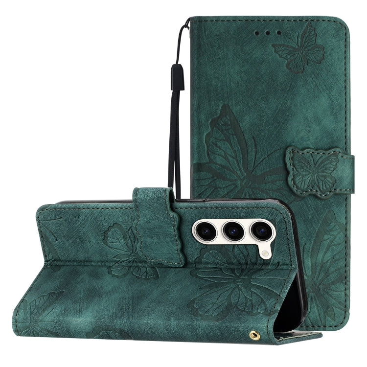 For Samsung Galaxy S25 5G Skin-feel Embossed Butterfly Leather Phone Case(Green)
