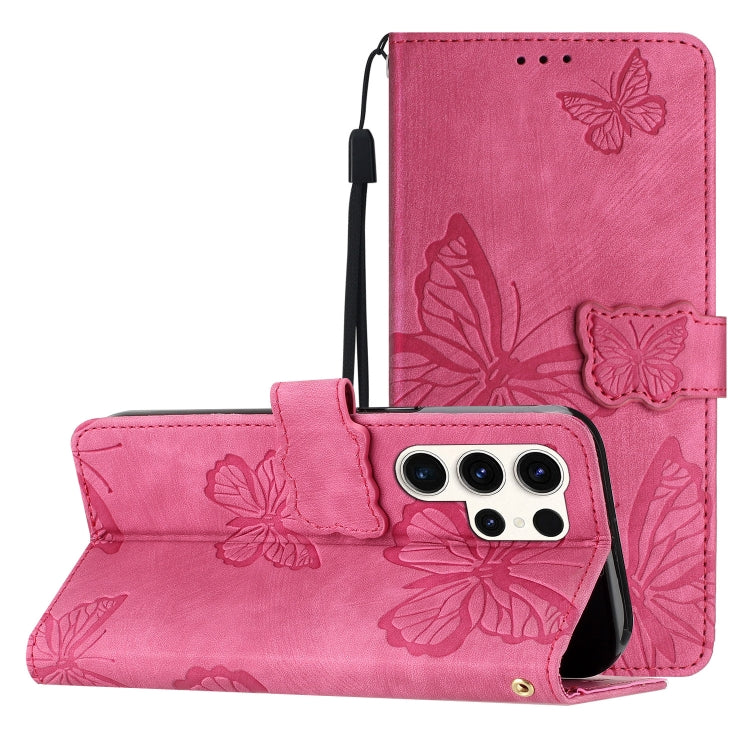 For Samsung Galaxy S25 Ultra 5G Skin-feel Embossed Butterfly Leather Phone Case(Rose Red)