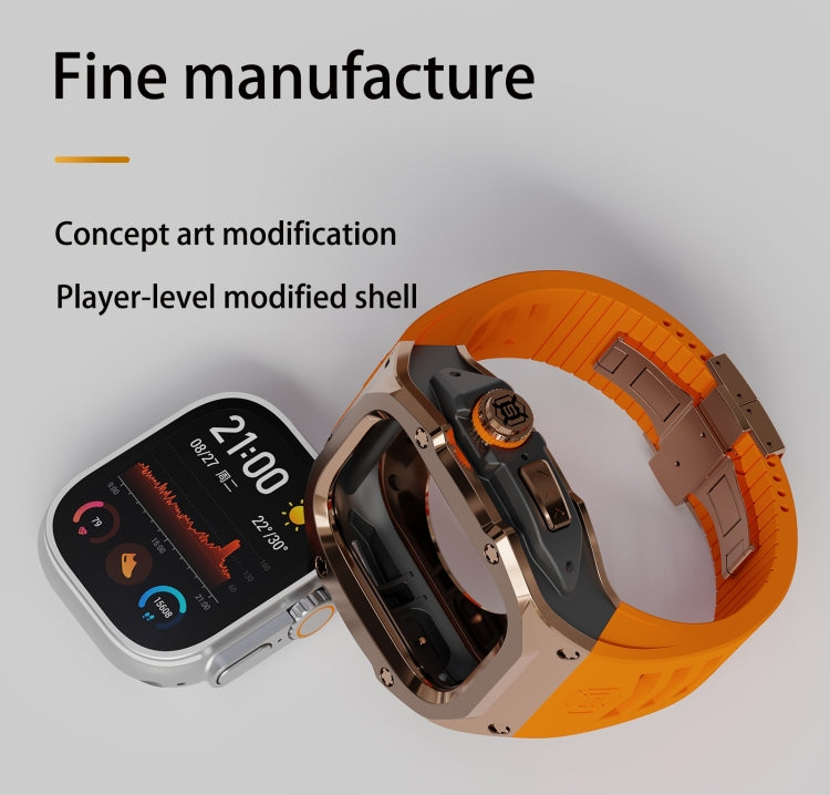 For Apple Watch Ultra 1 / 2 49mm RedPepper Armor Metal Case Integrated Silicone Watch Band(Rose Gold Black Orange)
