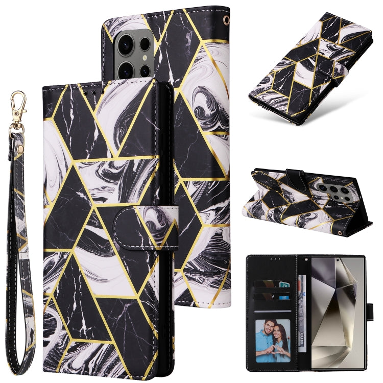 For Samsung Galaxy S25 Ultra 5G Marble Bronzing Stitching Leather Phone Case(Black)