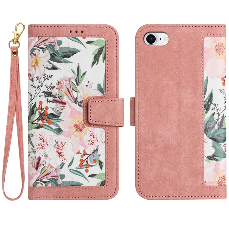 For iPhone 16e Floral Pattern Leather Phone Case with Lanyard(Pink)