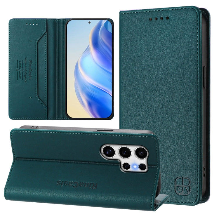 For Samsung Galaxy S25 Ultra 5G RC01 Dual-Folded Magnetic Suction RFID Leather Phone Case(Dark Green)