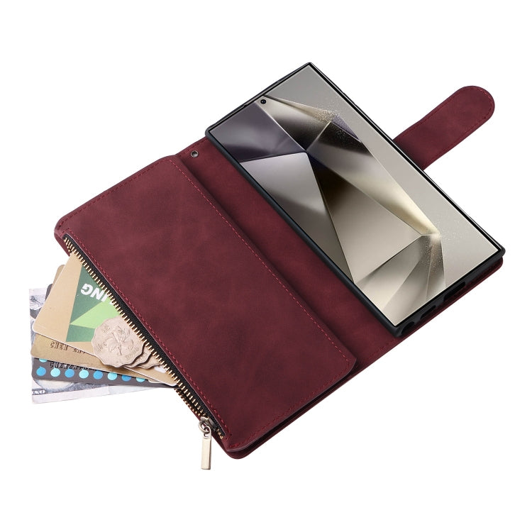 For Samsung Galaxy S25 Ultra 5G Multifunctional Frosted Zipper Wallet Leather Phone Case(Wine Red) - Galaxy S25 Ultra 5G Cases by PMC Jewellery | Online Shopping South Africa | PMC Jewellery | Buy Now Pay Later Mobicred