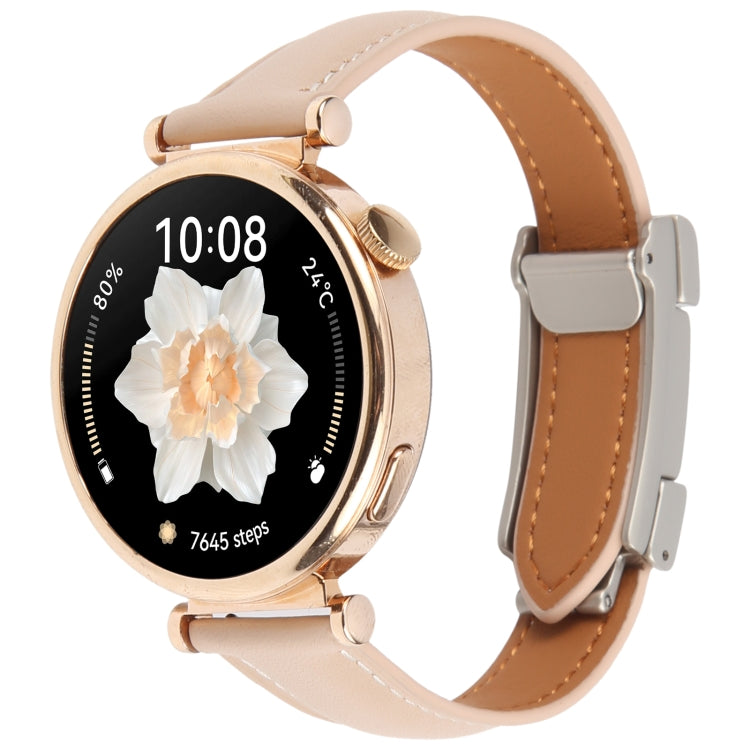 22mm Universal Slim Magnetic Buckle Genuine Leather Watch Band(Plain Weave Apricot)