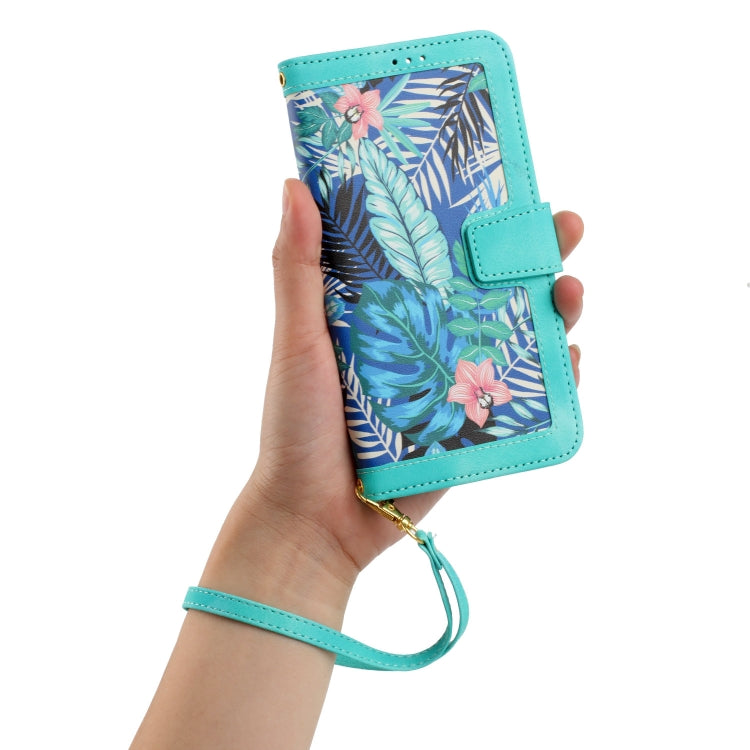 For Samsung Galaxy S25+ 5G Floral Pattern Leather Phone Case with Lanyard(Green)