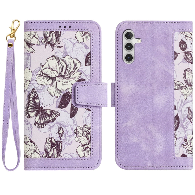 For Samsung Galaxy S25 5G Floral Pattern Leather Phone Case with Lanyard(Light Purple)