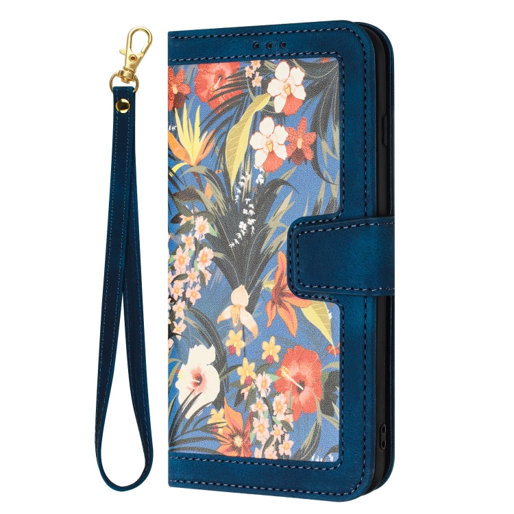 For Samsung Galaxy S25 5G Floral Pattern Leather Phone Case with Lanyard(Dark Blue)