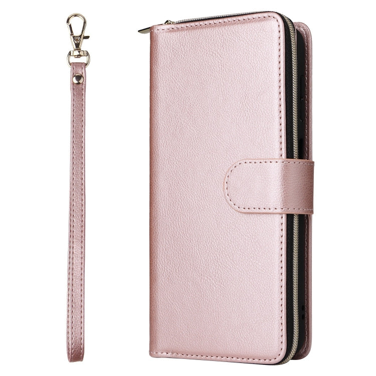 For Samsung Galaxy S25+ 5G 9-Card Slots Zipper Wallet Bag Leather Phone Case(Rose Gold)