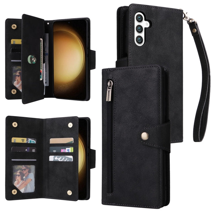 For Samsung Galaxy S25+ 5G Rivet Buckle 9 Cards Three Fold Leather Phone Case(Black)