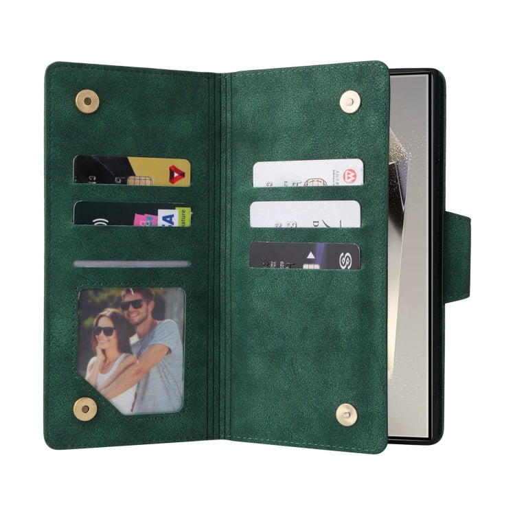 For Samsung Galaxy S25 Ultra 5G Rivet Buckle 9 Cards Three Fold Leather Phone Case(Green)