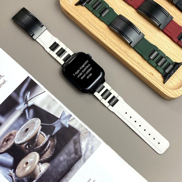 For Apple Watch 42mm / 41mm / 40mm / 38mm T-shaped Magnetic Buckle Stainless Steel Rubber Watch Band(Beige Black Buckle)
