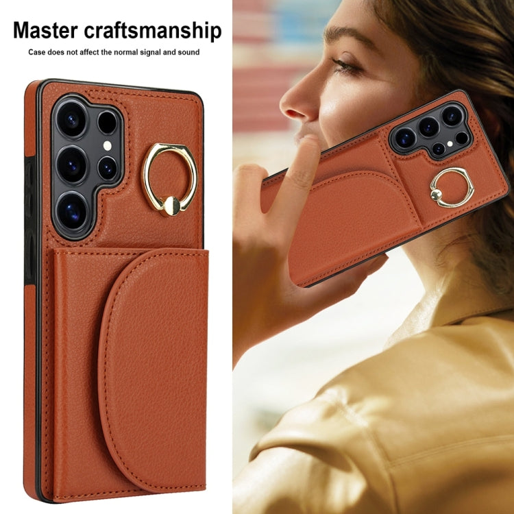 For Samsung Galaxy S25 Ultra 5G Ring Holder Card Bag Skin Feel Phone Case(Brown) - Galaxy S25 Ultra 5G Cases by PMC Jewellery | Online Shopping South Africa | PMC Jewellery | Buy Now Pay Later Mobicred