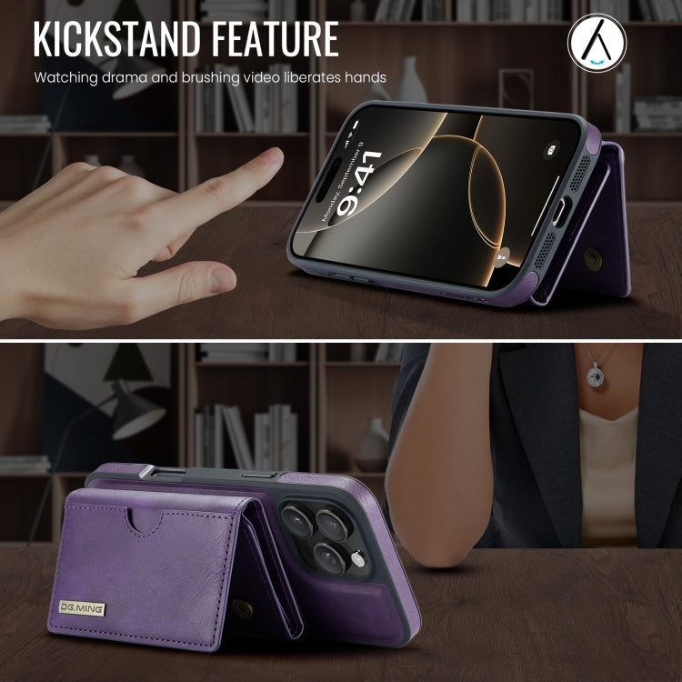 For iPhone 16 Pro DG.MING M6 Series RFID Tri-fold Card Bag Removable Leather Phone Case(Purple)
