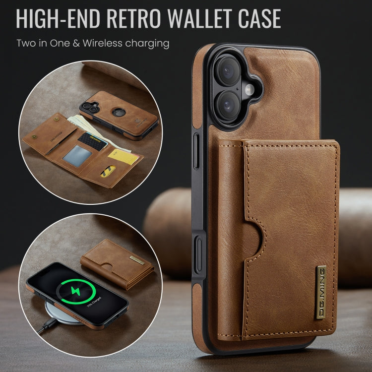 For iPhone 16 DG.MING M6 Series RFID Tri-fold Card Bag Removable Leather Phone Case(Brown)
