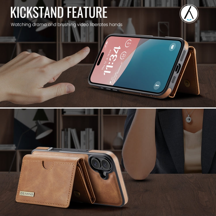 For iPhone 16 DG.MING M6 Series RFID Tri-fold Card Bag Removable Leather Phone Case(Brown) - free shipping - PMC Jewellery - Order now!