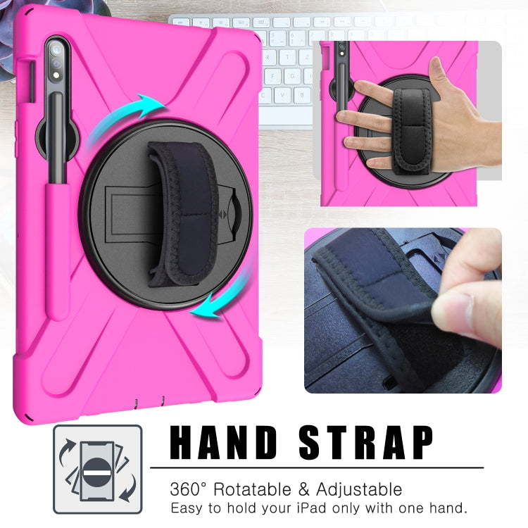 For Samsung Galaxy Tab S9 / Galaxy Tab S8 / Galaxy Tab S7 (2020) T870 Shockproof Colorful Silicone + PC Protective Case with Holder & Shoulder Strap & Hand Strap & Pen Slot(Rose Red)
