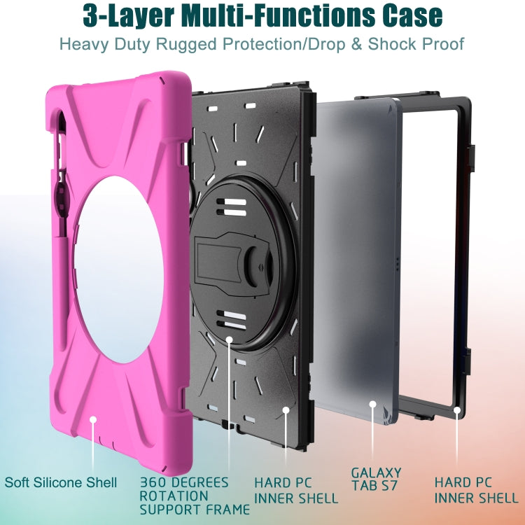 For Samsung Galaxy Tab S9 / Galaxy Tab S8 / Galaxy Tab S7 (2020) T870 Shockproof Colorful Silicone + PC Protective Case with Holder & Shoulder Strap & Hand Strap & Pen Slot(Rose Red)