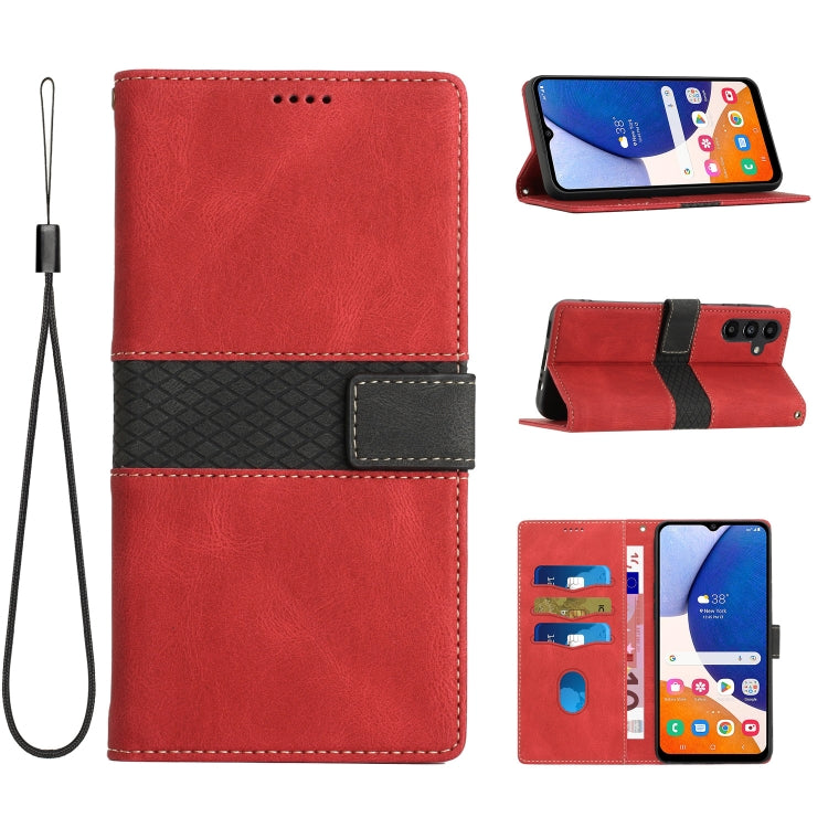For Samsung Galaxy S25 5G Grid Stitching Leather Phone Case with Lanyard(Red)