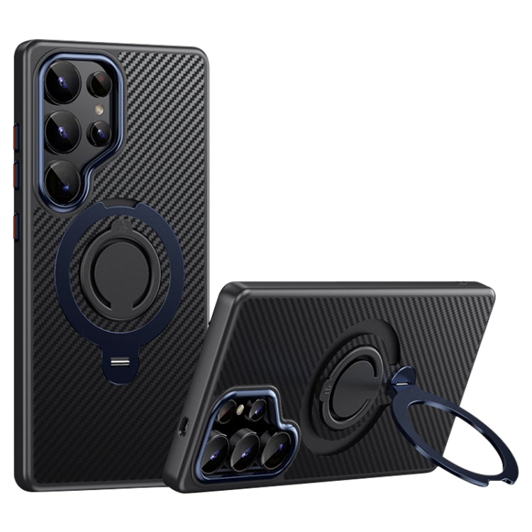 For Samsung Galaxy S25 Ultra 5G Carbon Fiber MagSafe Phone Case with 360 Degree Rotating Holder(Black Blue)