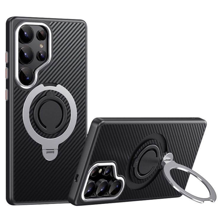 For Samsung Galaxy S25 Ultra 5G Carbon Fiber MagSafe Phone Case with 360 Degree Rotating Holder(Black Silver)