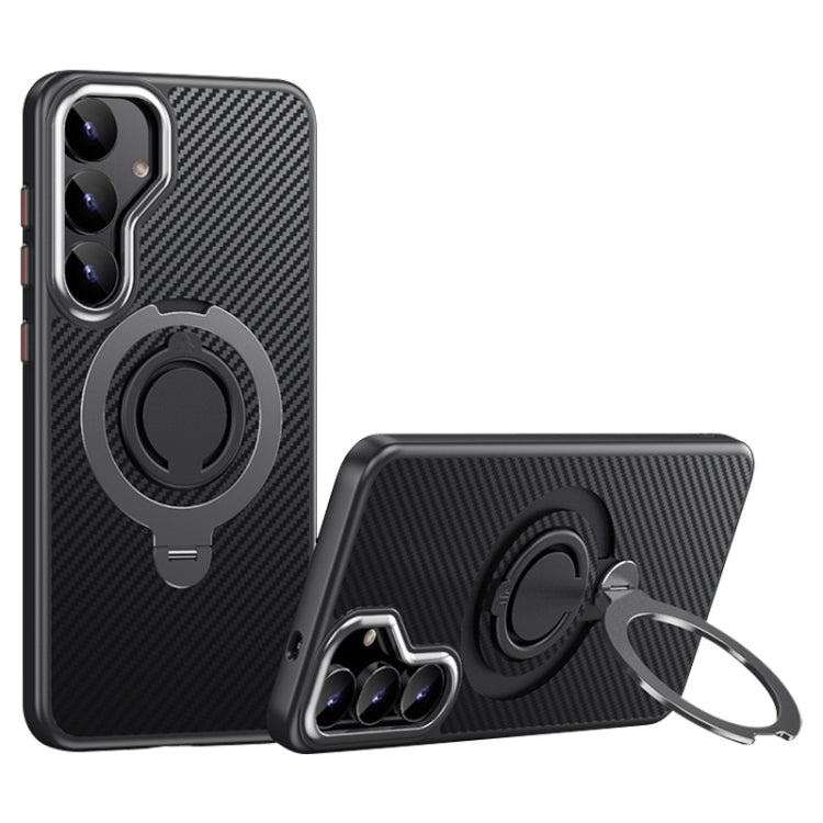 For Samsung Galaxy S25 5G Carbon Fiber MagSafe Phone Case with 360 Degree Rotating Holder(Black Grey)