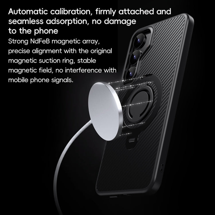 For Samsung Galaxy S25 5G Carbon Fiber MagSafe Phone Case with 360 Degree Rotating Holder(Black Grey)