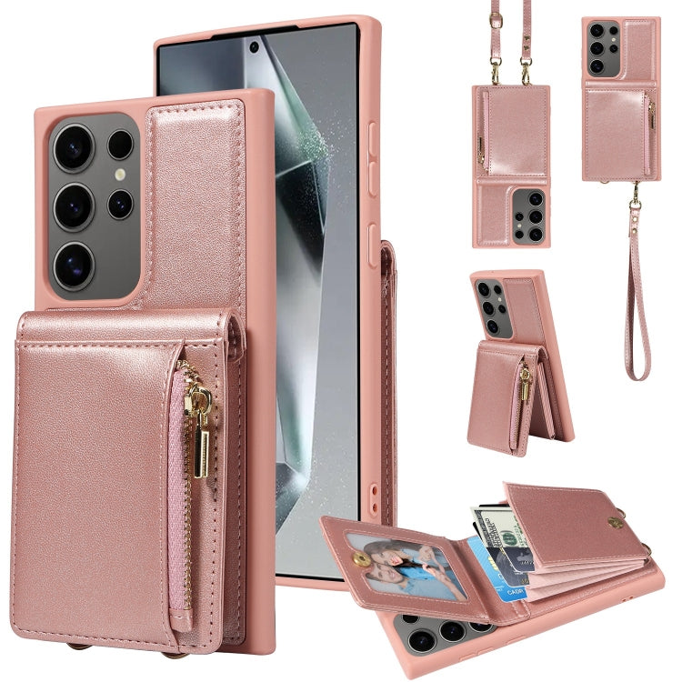For Samsung Galaxy S25 Ultra 5G Crossbody Lanyard Zipper Wallet Leather Phone Case(Rose Gold)