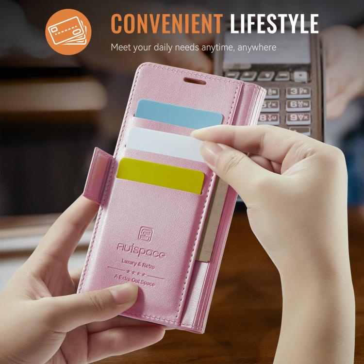 For iPhone 16e AutSpace A11 Side Buckle MagSafe Magnetic RFID Phone Leather Case(Rose Gold) - free shipping - PMC Jewellery - Order now!