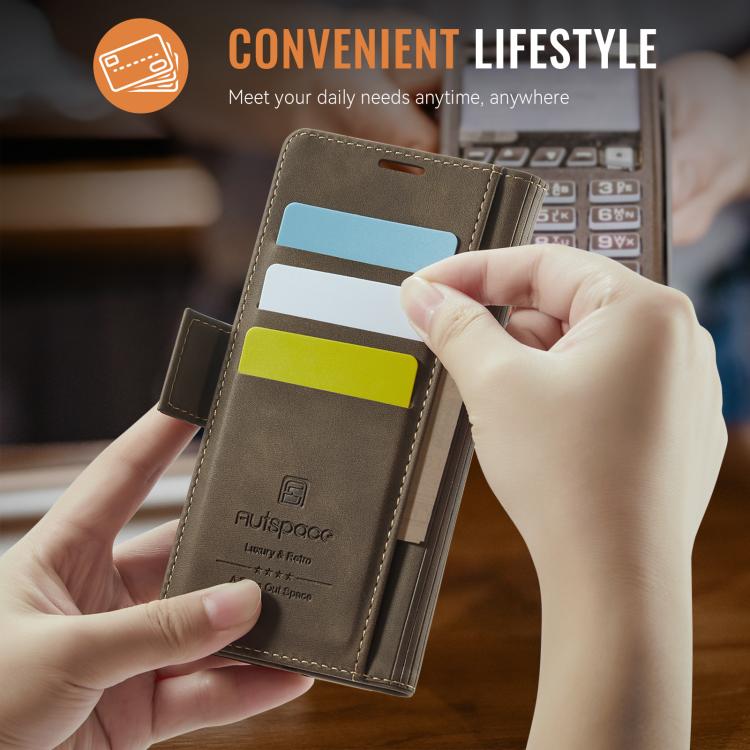 For iPhone 16e AutSpace A11 Side Buckle MagSafe Magnetic RFID Phone Leather Case(Coffee) - free shipping - PMC Jewellery - Order now!
