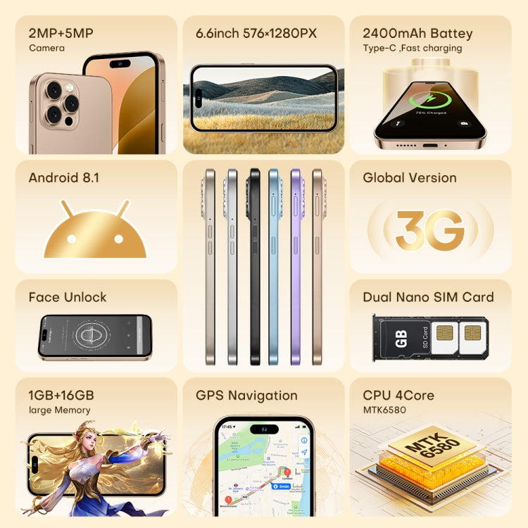 U218 / i16 Pro Max, 1GB+16GB, 6.6 inch Android 8.1 MTK6580A Quad Core, OTG, Network: 3G, Dual SIM, Plug:AU Plug(Blue)