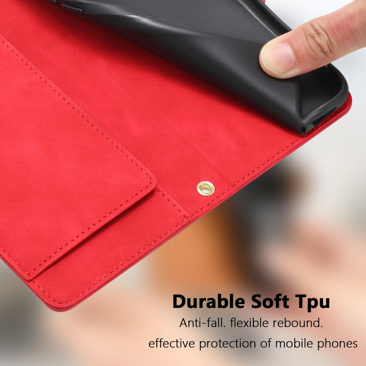 For iPhone 16e Tulips Embossed Leather Phone Case with Lanyard(Red) - iPhone 16e Cases by PMC TechLife | Online Shopping South Africa | PMC TechLife | Buy Now Pay Later Mobicred