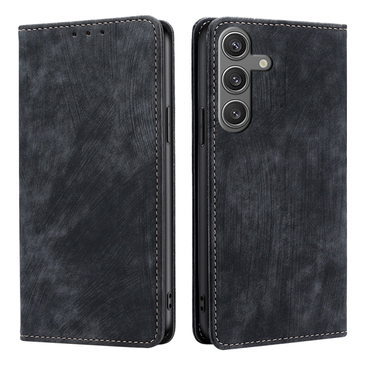 For Samsung Galaxy S25 5G RFID Anti-theft Brush Magnetic Leather Phone Case(Black)