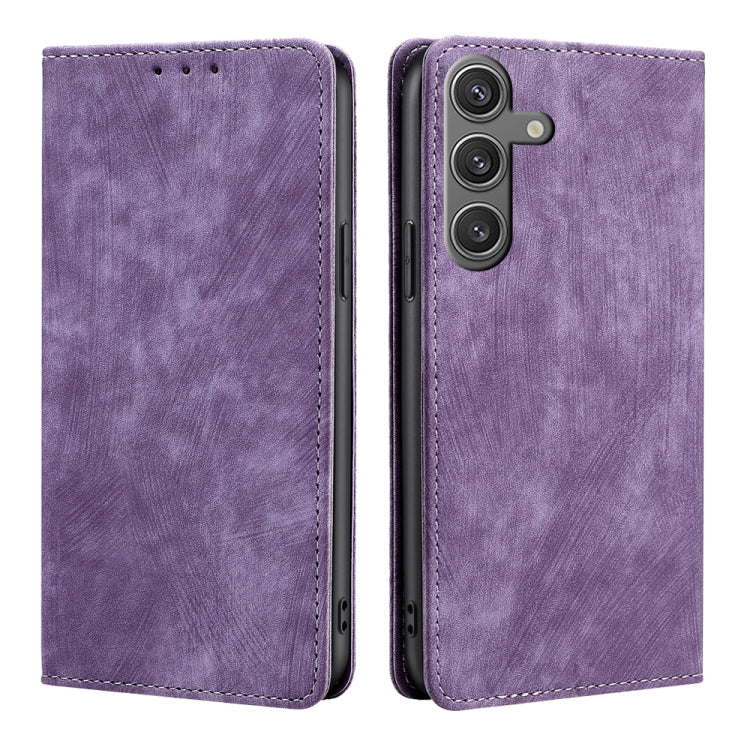 For Samsung Galaxy S25 5G RFID Anti-theft Brush Magnetic Leather Phone Case(Purple)