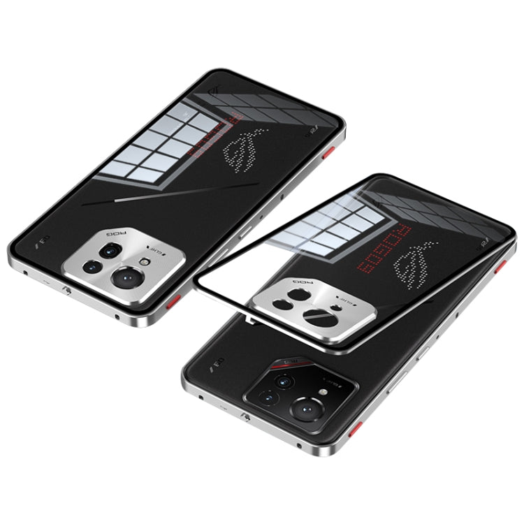 For ASUS ROG Phone 9 Pro Snap Buckle Metal Frame Glass Back Panel Phone Case(Silver)