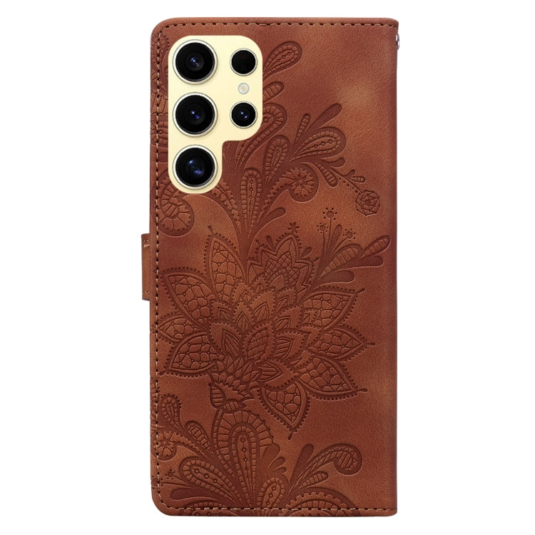 For Samsung Galaxy S25 Ultra 5G Lace Floral Embossed Magnetic Buckle PU Phone Case With Wrist Strap(Brown)