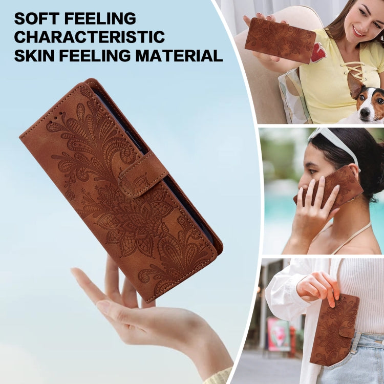 For Samsung Galaxy S25 Ultra 5G Lace Floral Embossed Magnetic Buckle PU Phone Case With Wrist Strap(Brown)