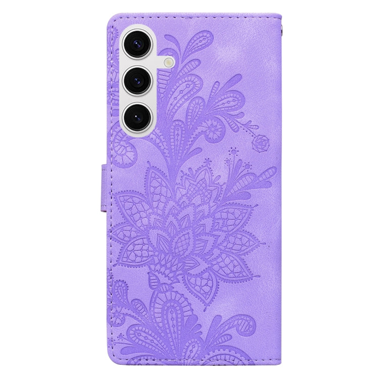 For Samsung Galaxy S25+ 5G Lace Floral Embossed Magnetic Buckle PU Phone Case With Wrist Strap(Purple)