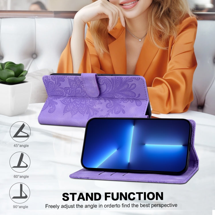 For Samsung Galaxy S25+ 5G Lace Floral Embossed Magnetic Buckle PU Phone Case With Wrist Strap(Purple)